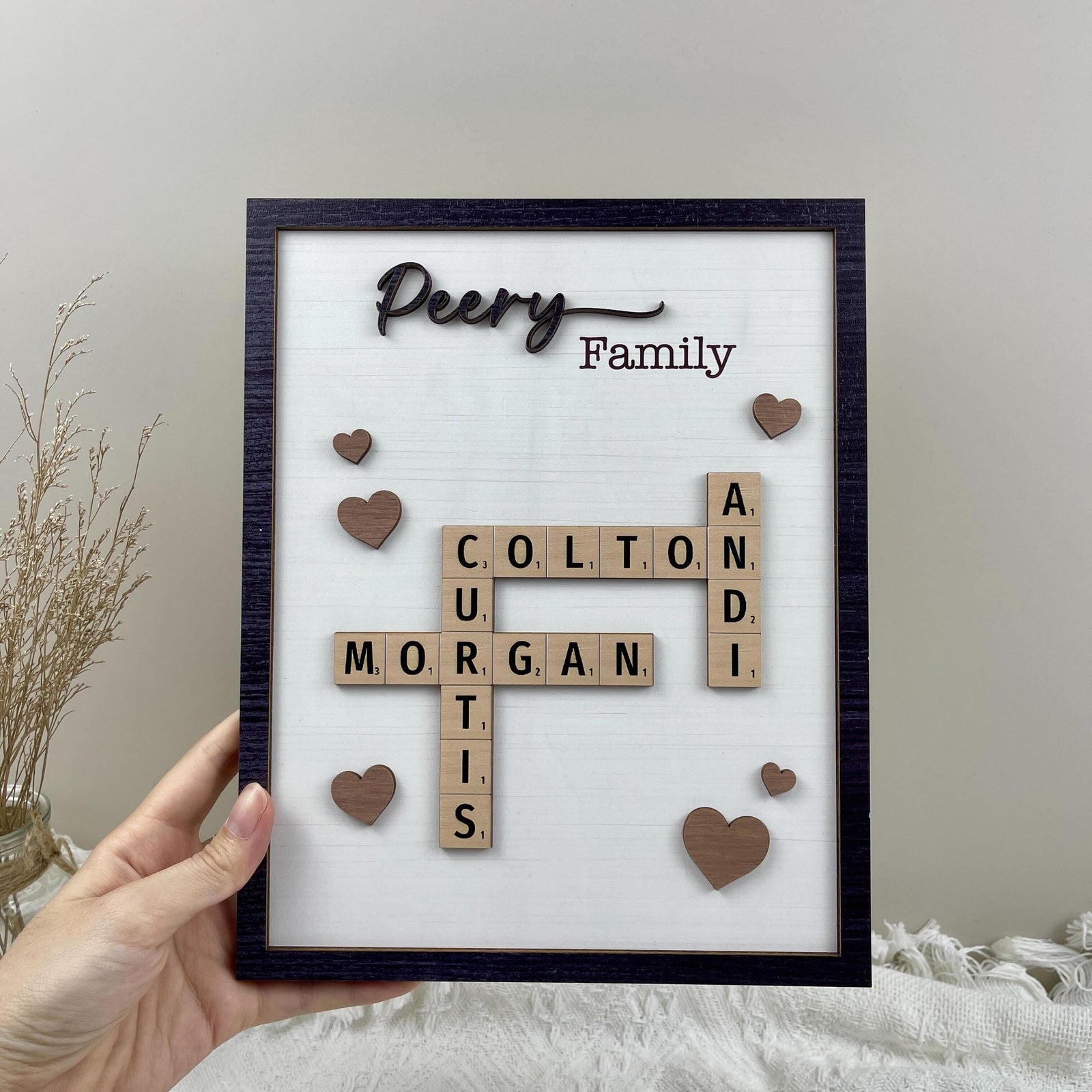 Personalized Puzzle Crossword scrabble board, Custom Family name 2-Layered Wooden Plaque With Stand