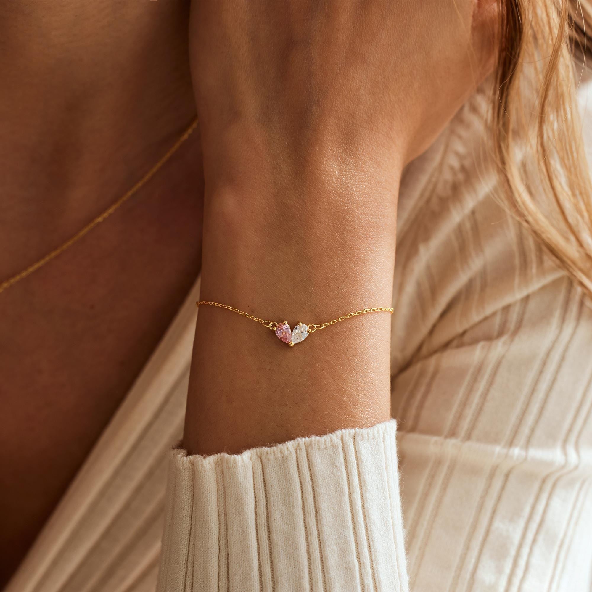 Custom Heart Birthstone Bracelet, 2 Birthstone Bracelet, Mothers Gift,Birthday Gift for Her