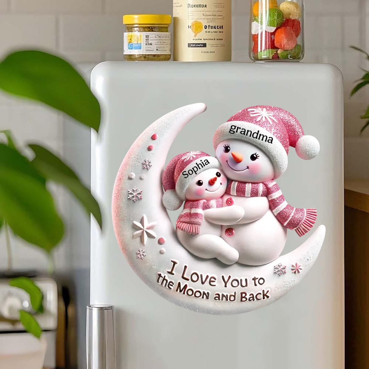 Snowman Grandma & Hugging Grandkid On The Moon Personalized Decal