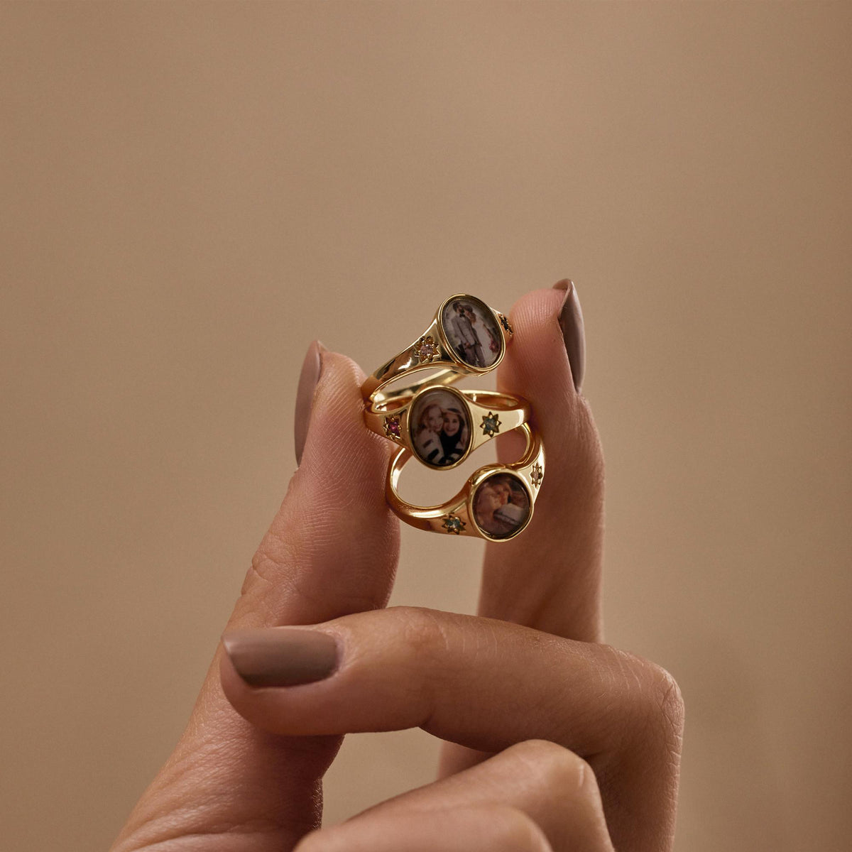 Oval Photo Ring With 2 Birthstones, Personalized Gift for Her