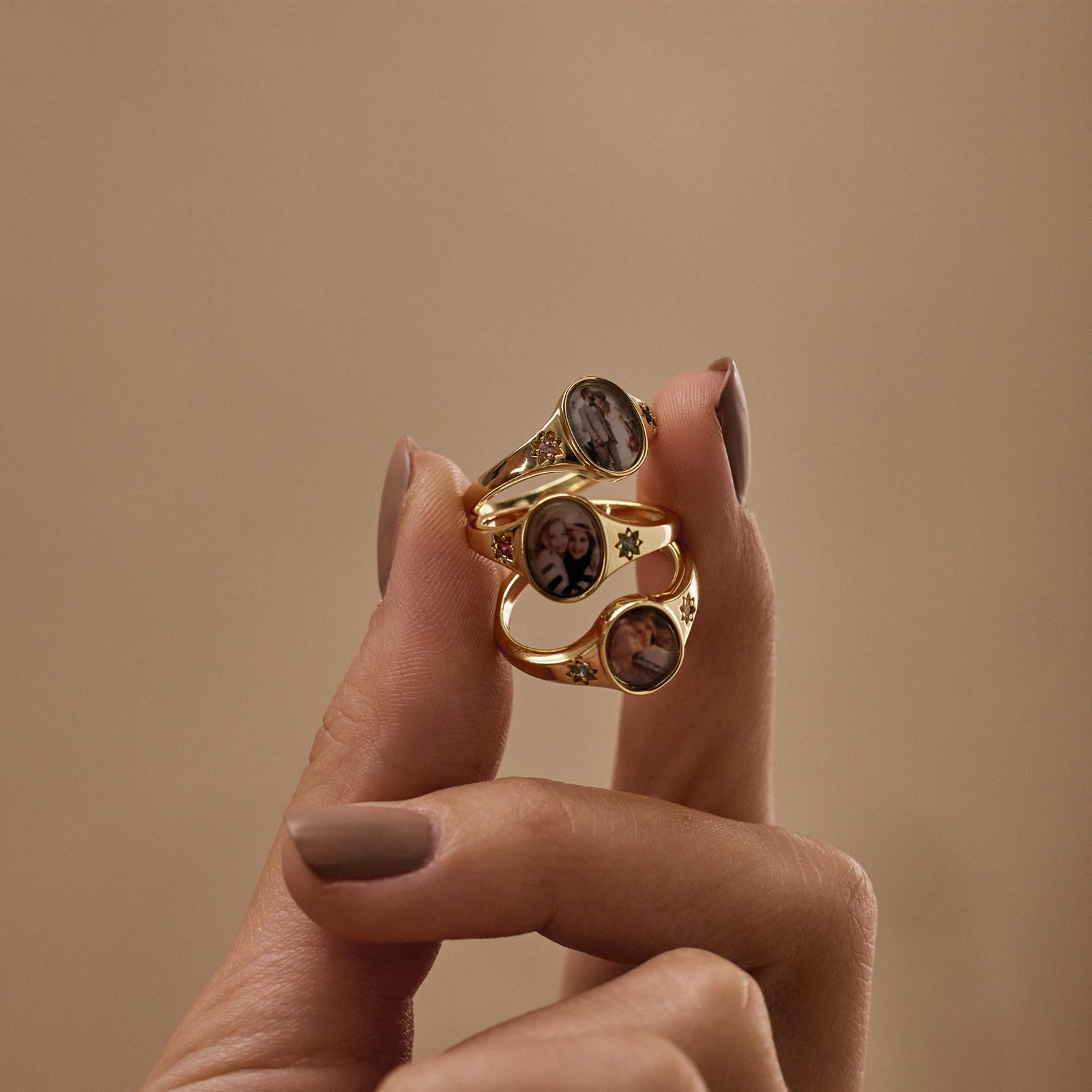 Oval Photo Ring With 2 Birthstones, Personalized Gift for Her