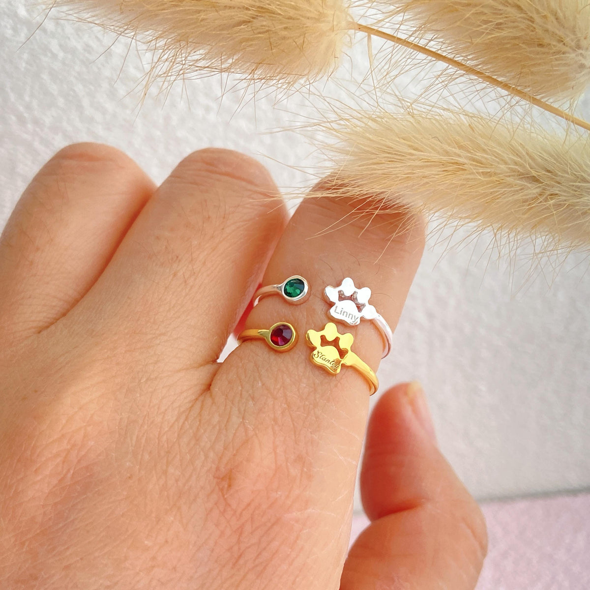 Personalized Engraved Paw Birthstone Ring Gift for Pet Lovers