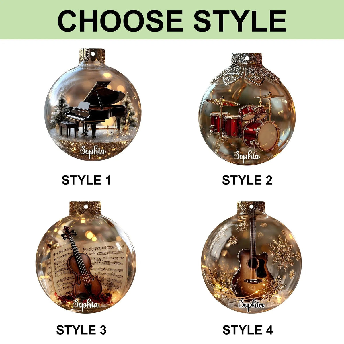 Personalized Music Instruments Piano, Violin, Drum & Guitar Globe Ornament