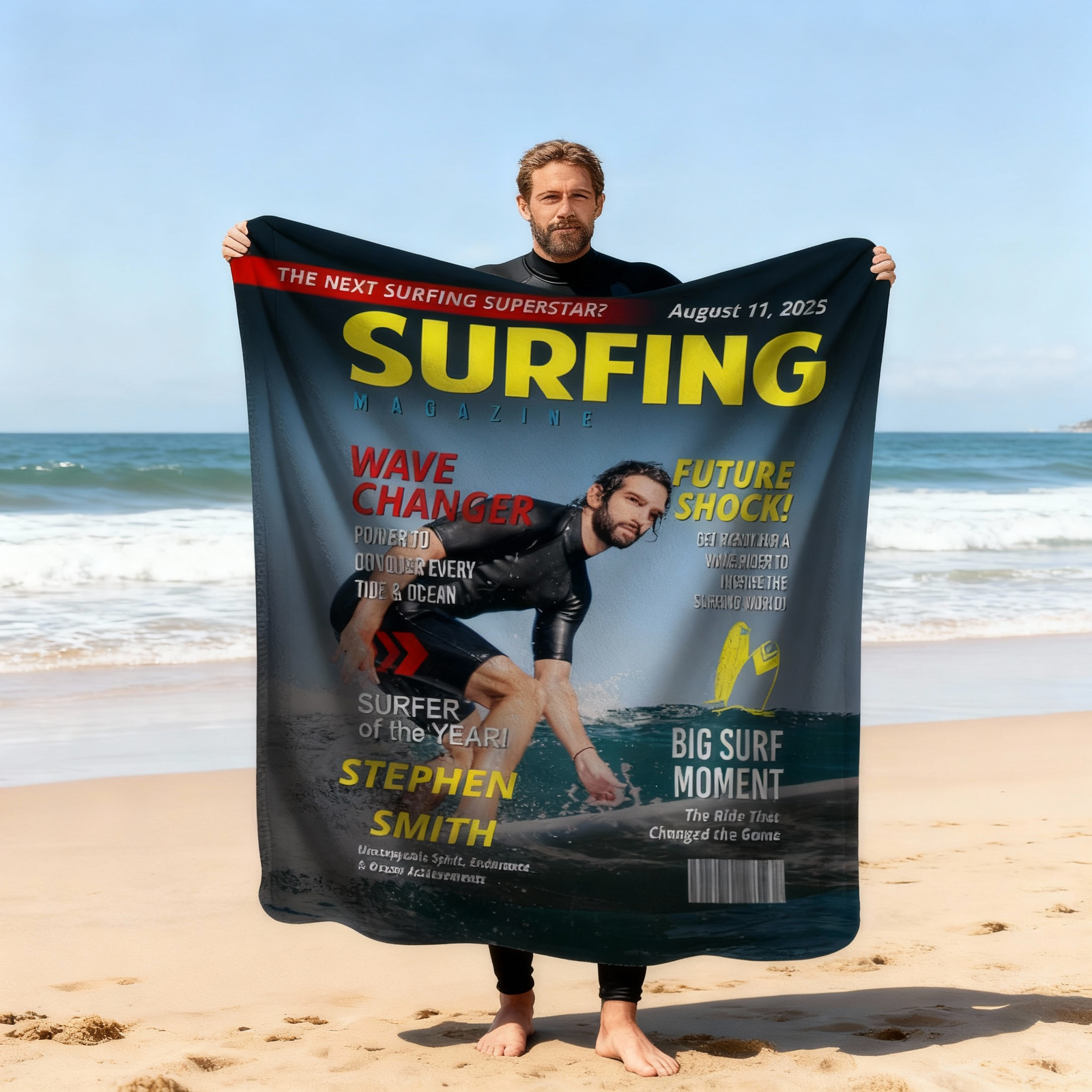 Personalized Surfing Photo Magazine Cover Blanket Gift For Surfers, Surfing Gift For Him