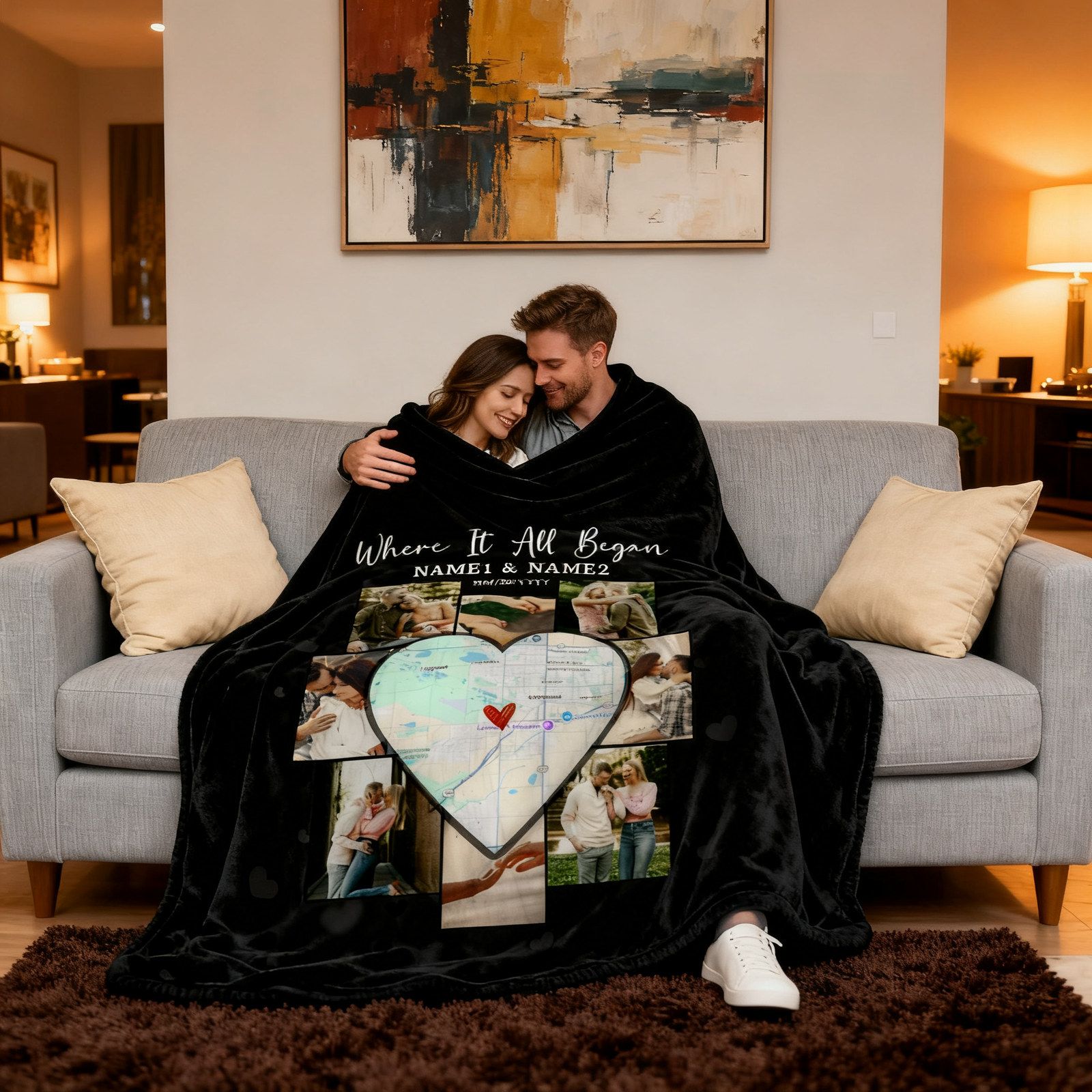 Custom Picture Collage Blanket With Location Map, Personalized Where It All Began Gift, Blankets For Couples