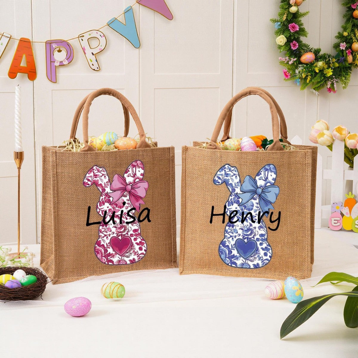 Custom Name Bunny Bag - Personalized Easter Jute Tote Bag, Kids Egg Hunt Bag