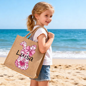 Custom Name Bunny Bag - Personalized Easter Jute Tote Bag, Kids Egg Hunt Bag