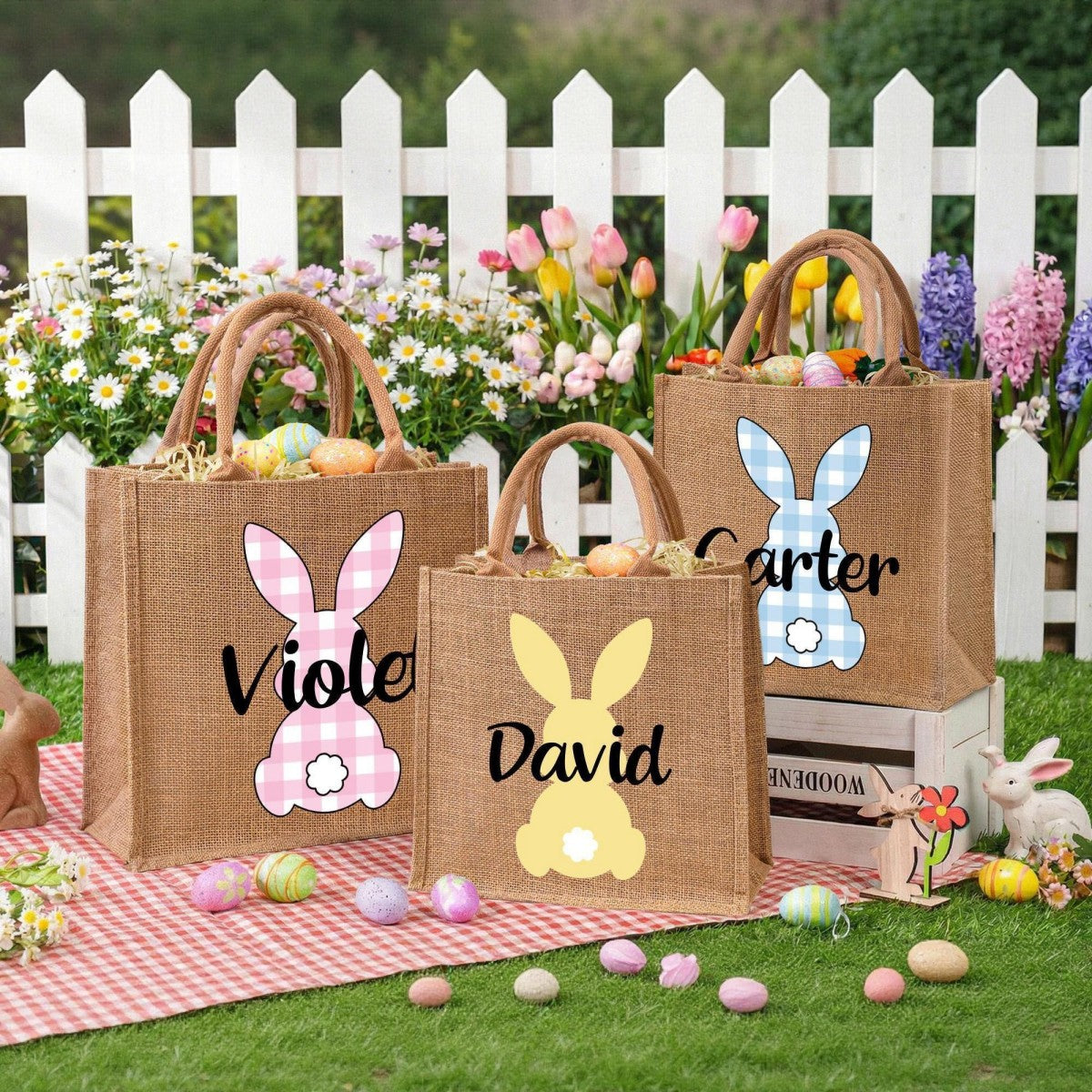 Custom Name Bunny Bag - Personalized Easter Jute Tote Bag, Kids Egg Hunt Bag