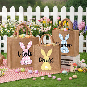 Custom Name Bunny Bag - Personalized Easter Jute Tote Bag, Kids Egg Hunt Bag