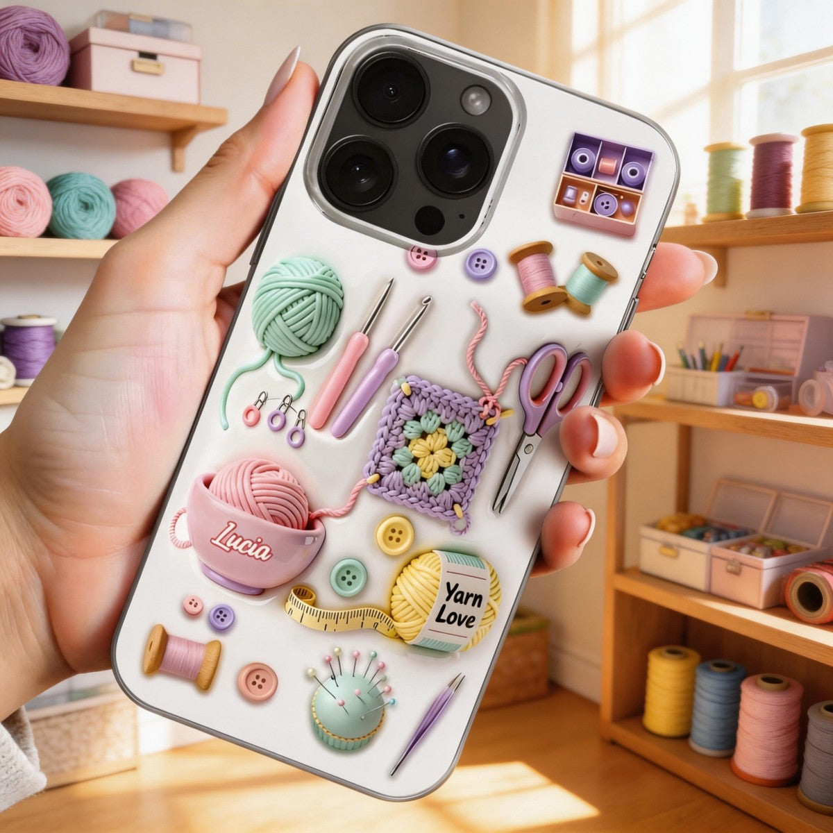 Yarn & Scissors, Personalized Clear Phone Case, Gift For Crafters And Sewers