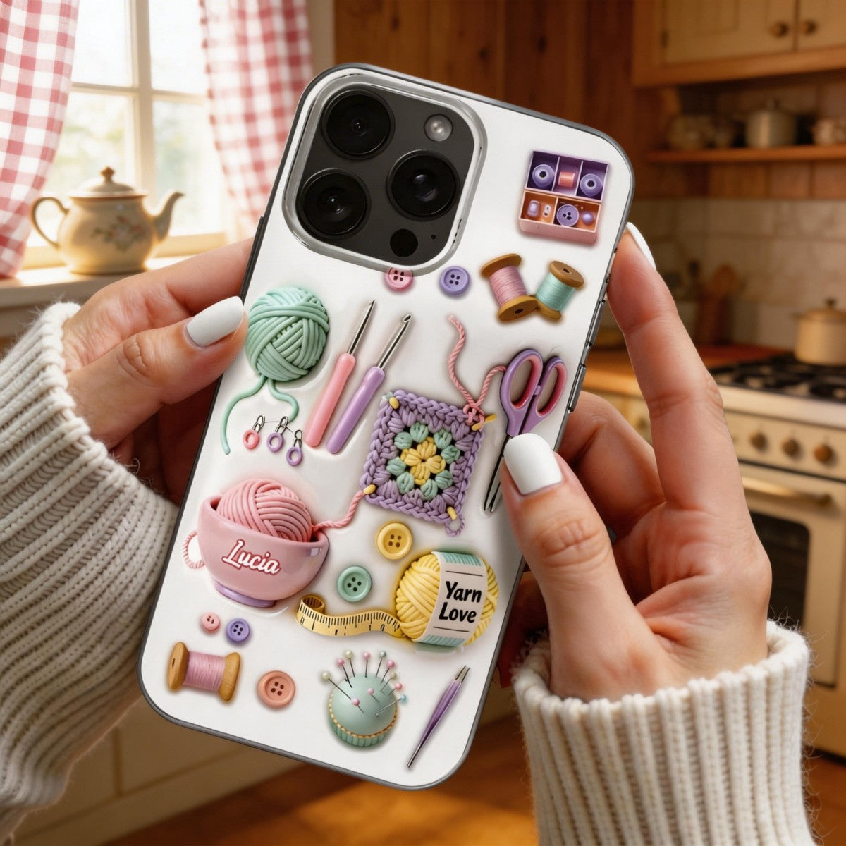 Yarn & Scissors, Personalized Clear Phone Case, Gift For Crafters And Sewers