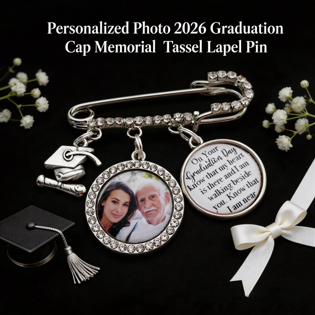 Grad Cap Gown Charm Ceremony pin, Personalized Photo 2026 Graduation Cap Memorial Tassel Lapel Pin