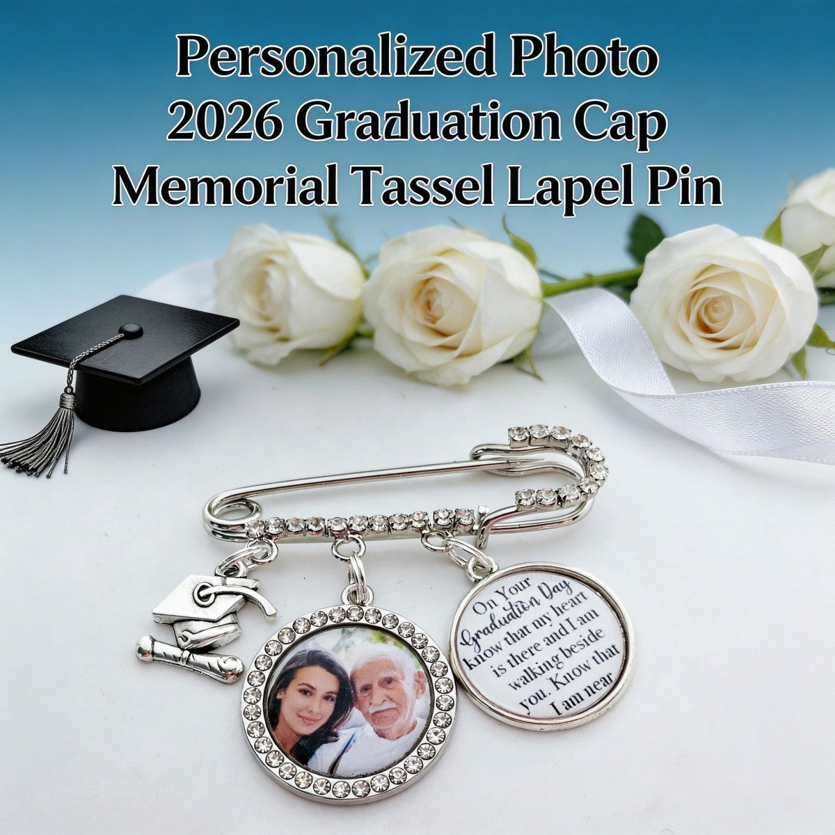 Grad Cap Gown Charm Ceremony pin, Personalized Photo 2026 Graduation Cap Memorial Tassel Lapel Pin