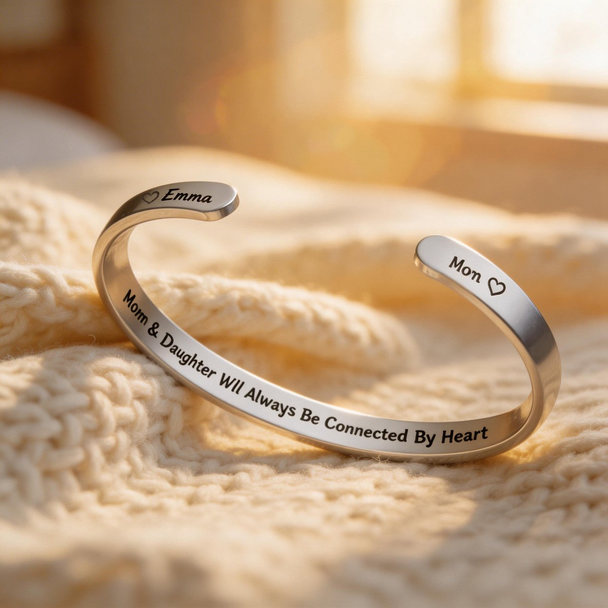 Mom & Daughter Always Connected By Heart - Personalized Bracelet Cuff Gift For Mother and Daughter