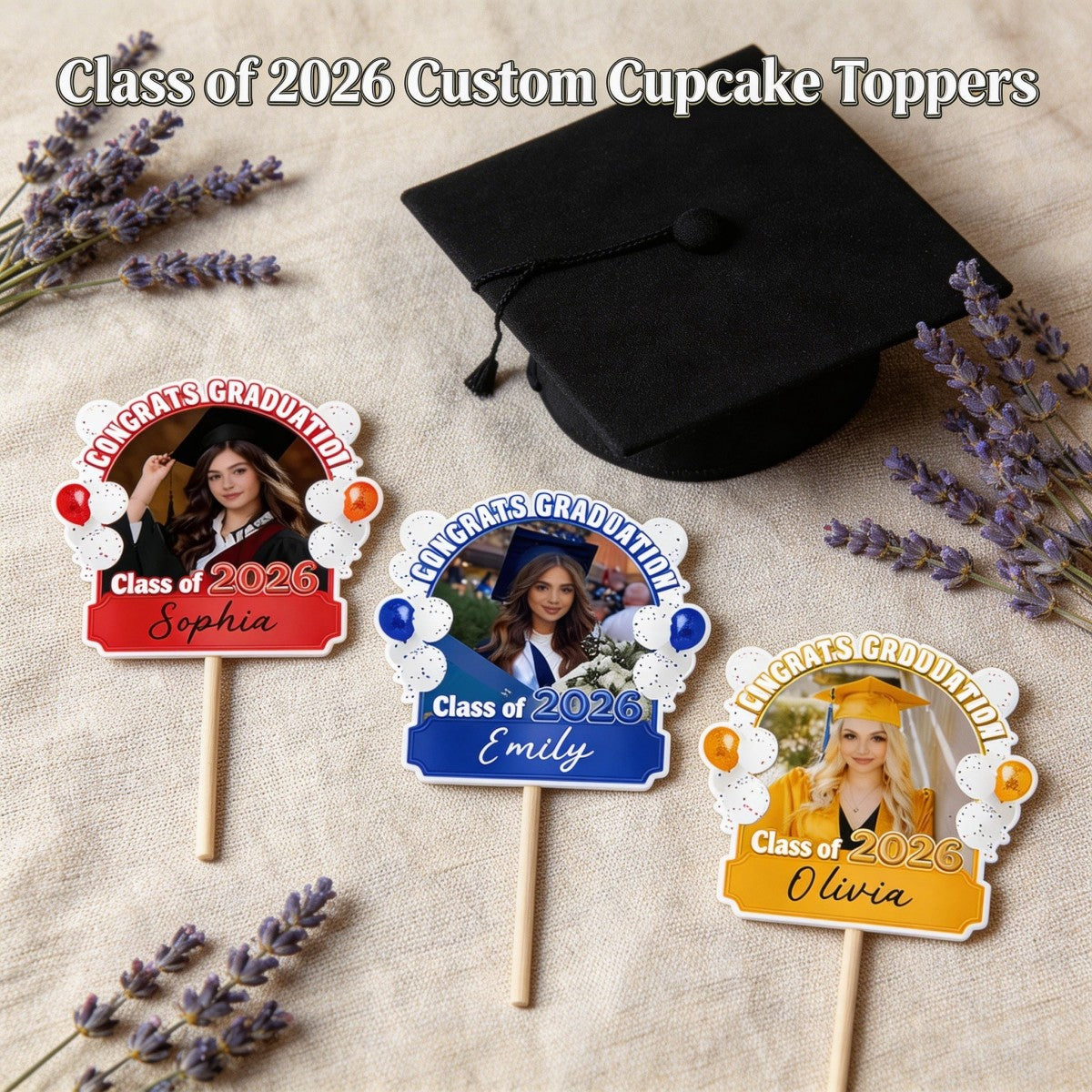 Congrats Graduation Class of 2026 Balloons Custom Photo Cupcake Topper