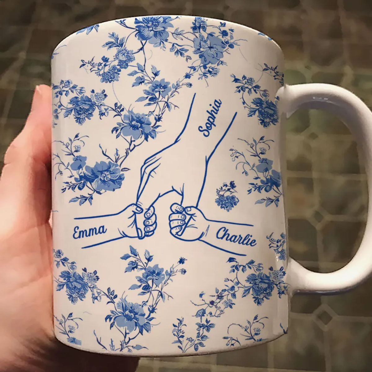 Mom & Kids Hands Holding Outline Chinoiseries Pattern Personalized Mug