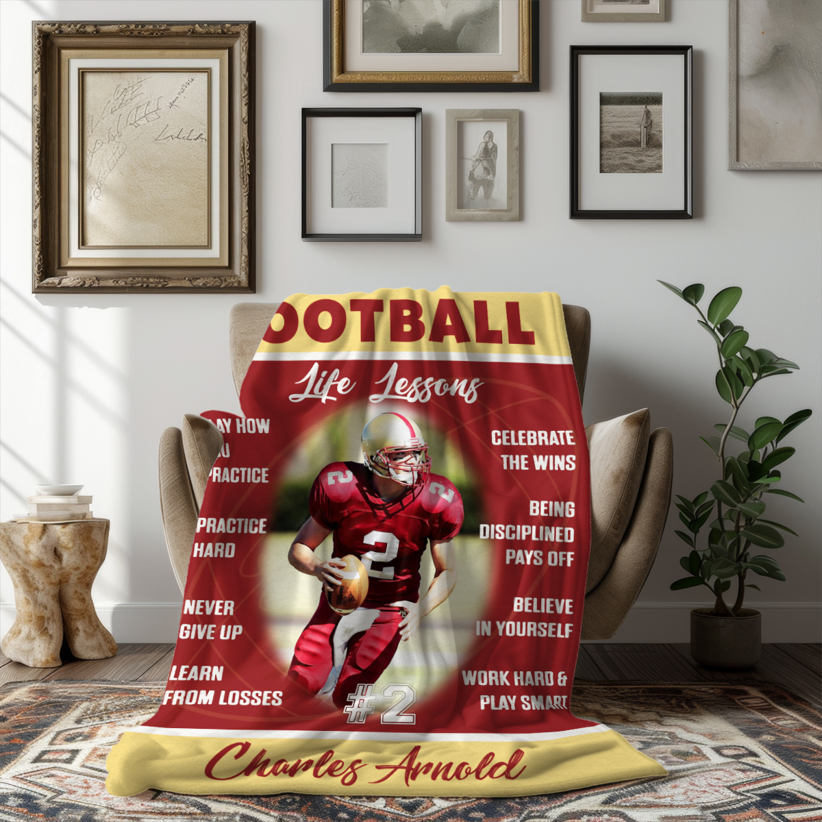Personalized Football Life Lessons Blanket – Gift for American Football Player, Custom Photo Sport Blanket
