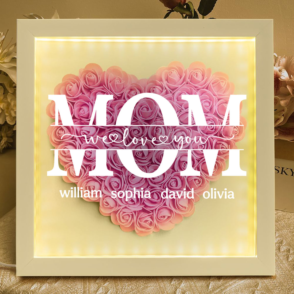 We Love You Mom - Personalized Flower Shadow Box With LED Light