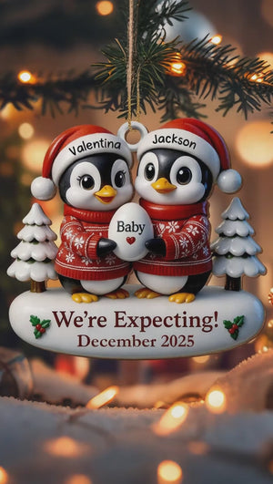 We're Expecting December With Penguins And Christmas Trees, Personalized Custom Wood Ornament