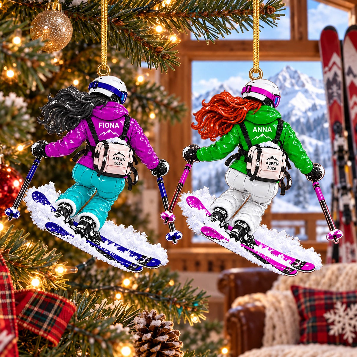 Girl Skier Gift - Alpine Ski Jump Action Personalized Christmas Ornament
