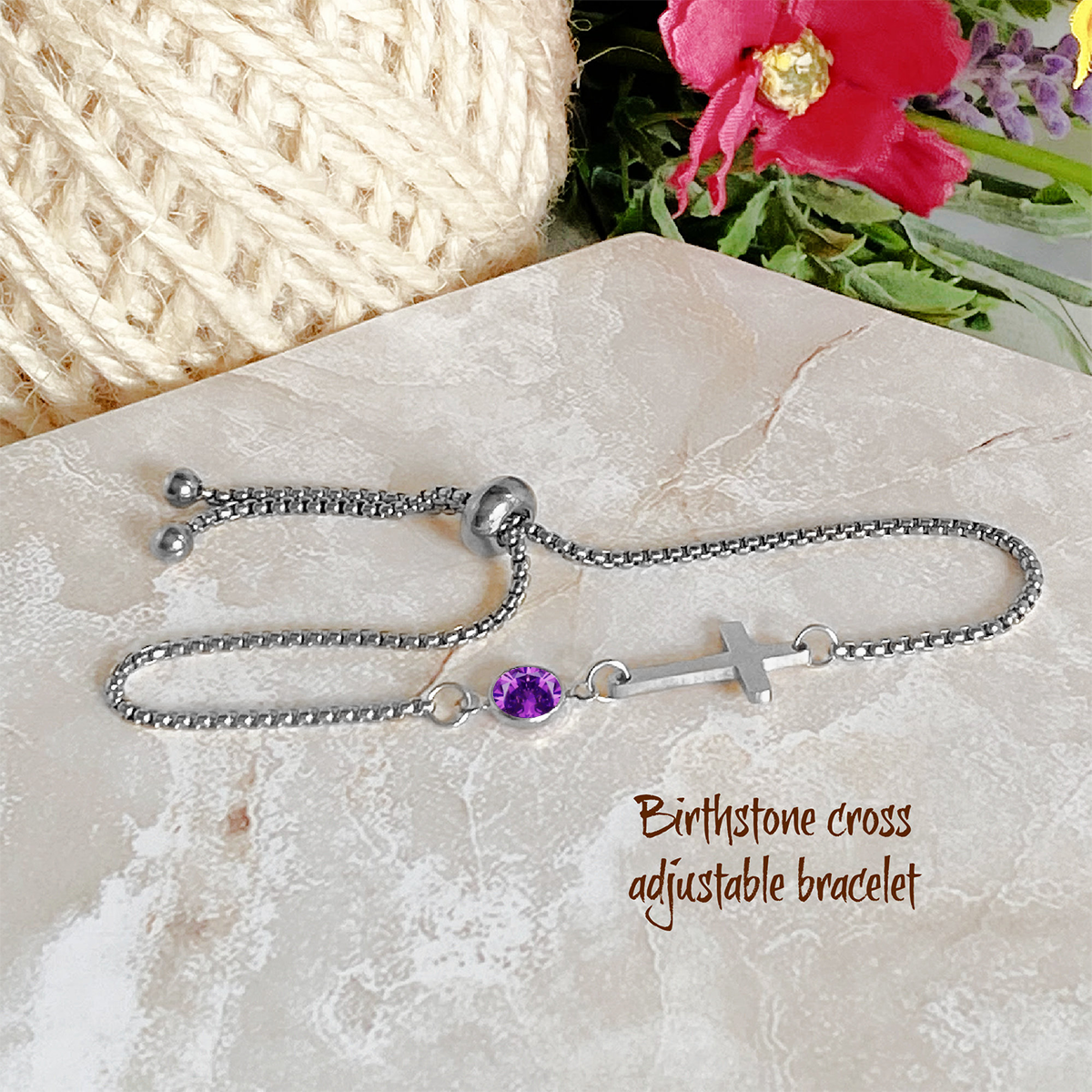 Personalized Dainty Cross Birthstone Bracelet