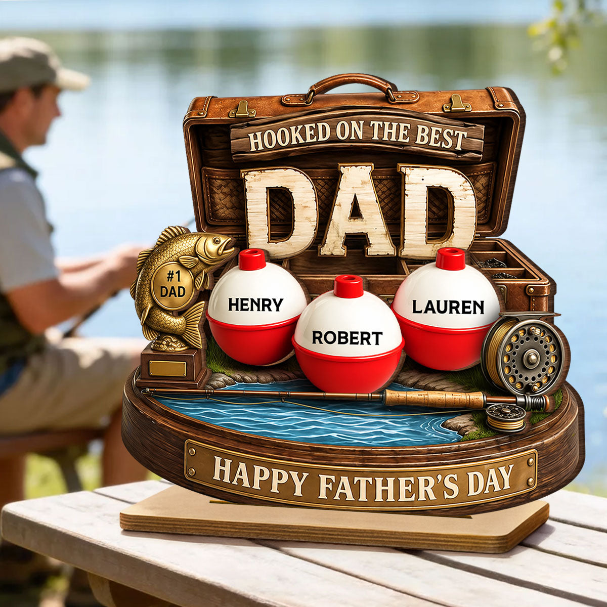 Hooked On The Best Dad Fishing - Personalized Wooden Plaque - Heartfelt Gift For Fishing Dad, Gift For Husband