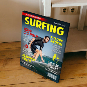 Personalized Surfing Photo Magazine Cover Canvas Gift For Surfers, Surfing Gift For Him
