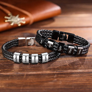 Personalized Braided Leather Bracelet Engraved 8 Names Gifts For Family,Couples