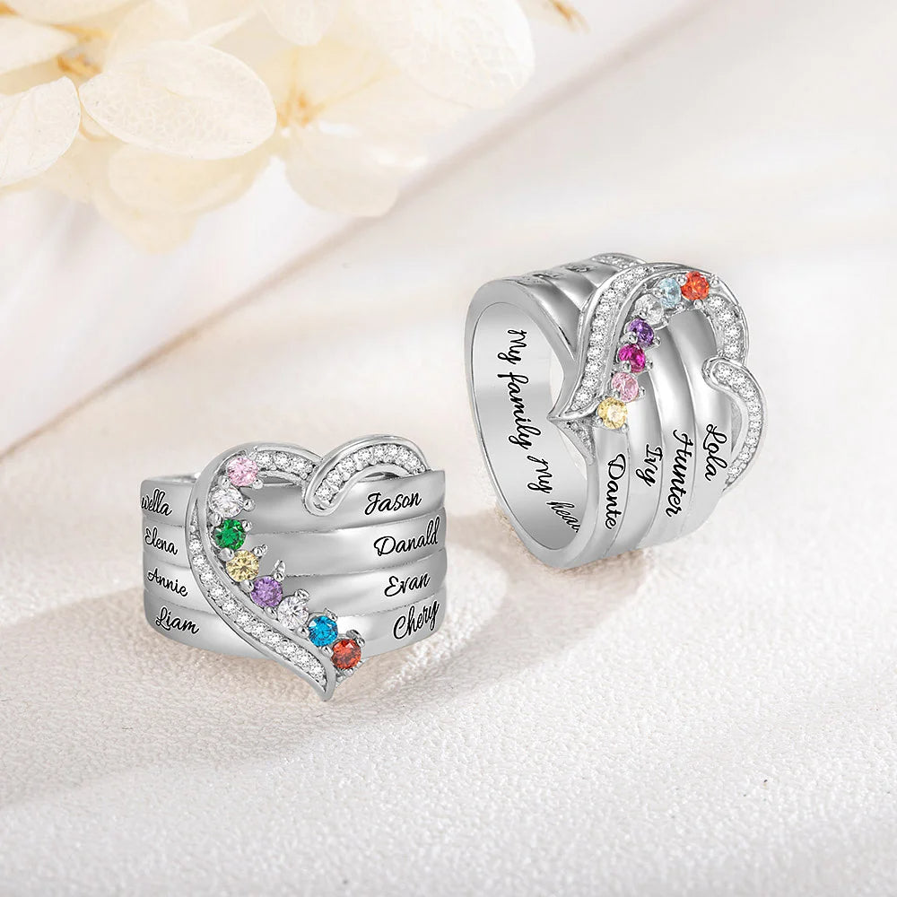Heart Engraved Name and Birthstone Ring for Women Personalized 925 Sterling Silver Ring