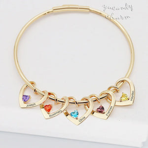 Custom Name&Birthstone Family Bangle Bracelet with Heart Shape Pendants