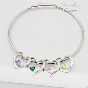 Custom Name&Birthstone Family Bangle Bracelet with Heart Shape Pendants