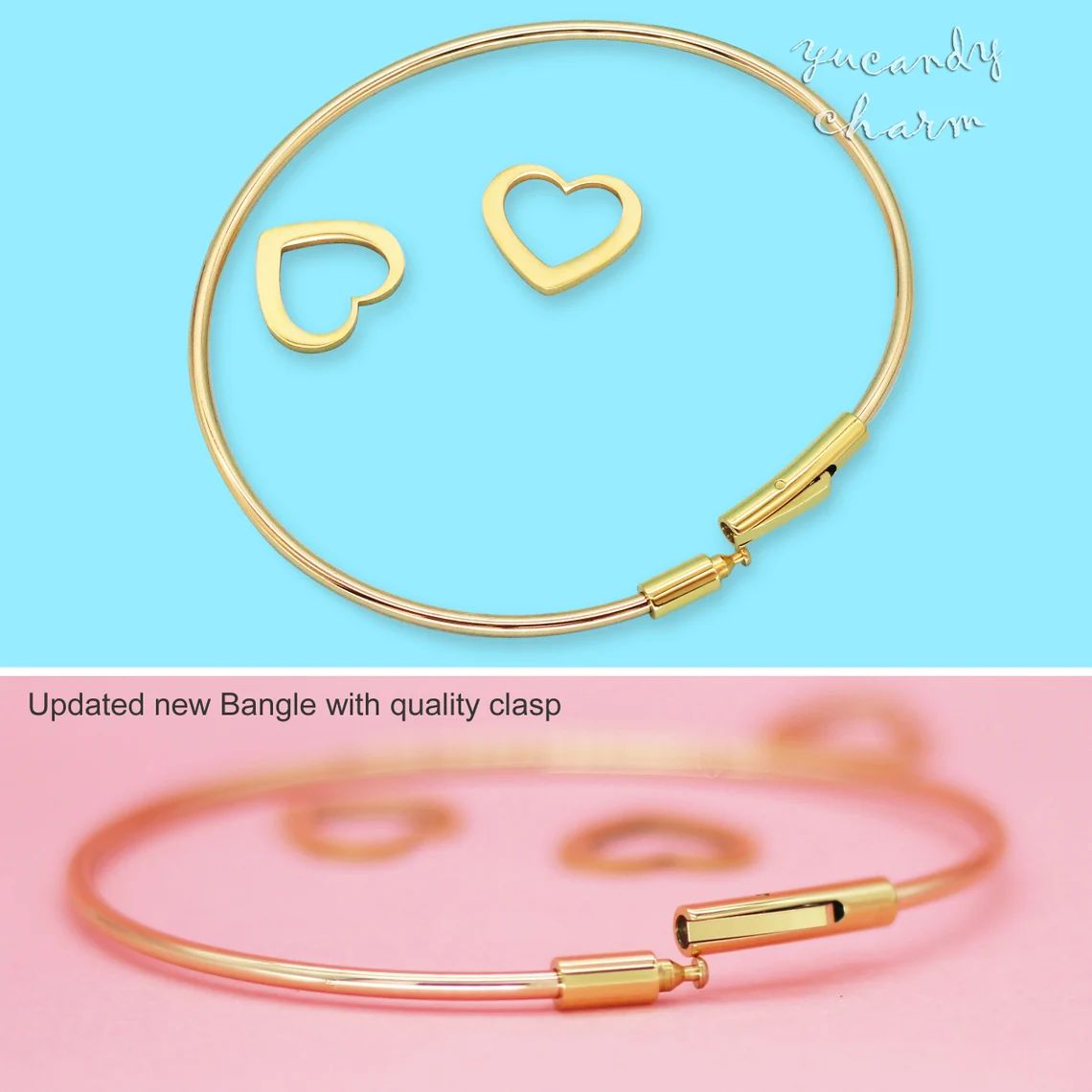 Custom Name&Birthstone Family Bangle Bracelet with Heart Shape Pendants